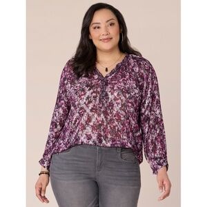 NWT New Democracy Pink and White Metallic Thread V Neck Blouse Top Size 2X